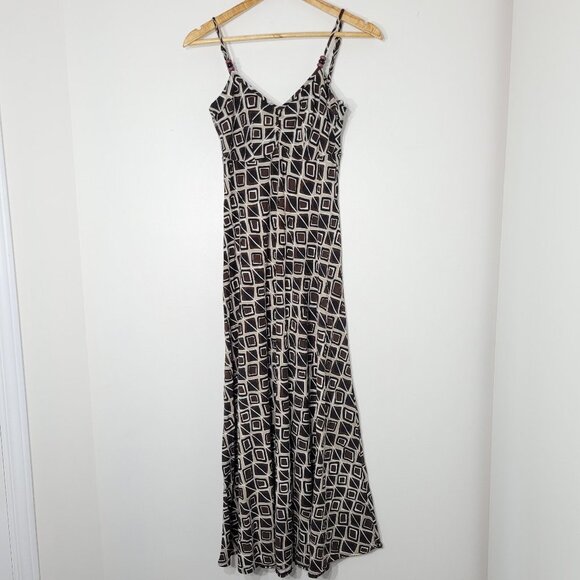 Planet Dresses & Skirts - Planet Brown Geometric Print Fit and Flare Midi Dress Adjustable Spaghetti Strap